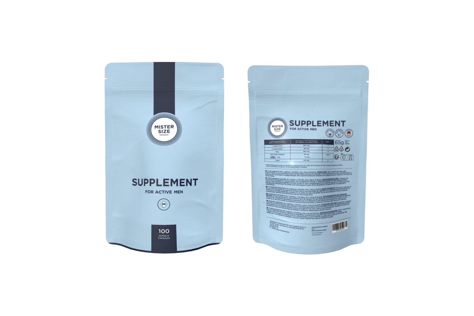 MISTER SIZE Supplement for active men - packaging front and back side
