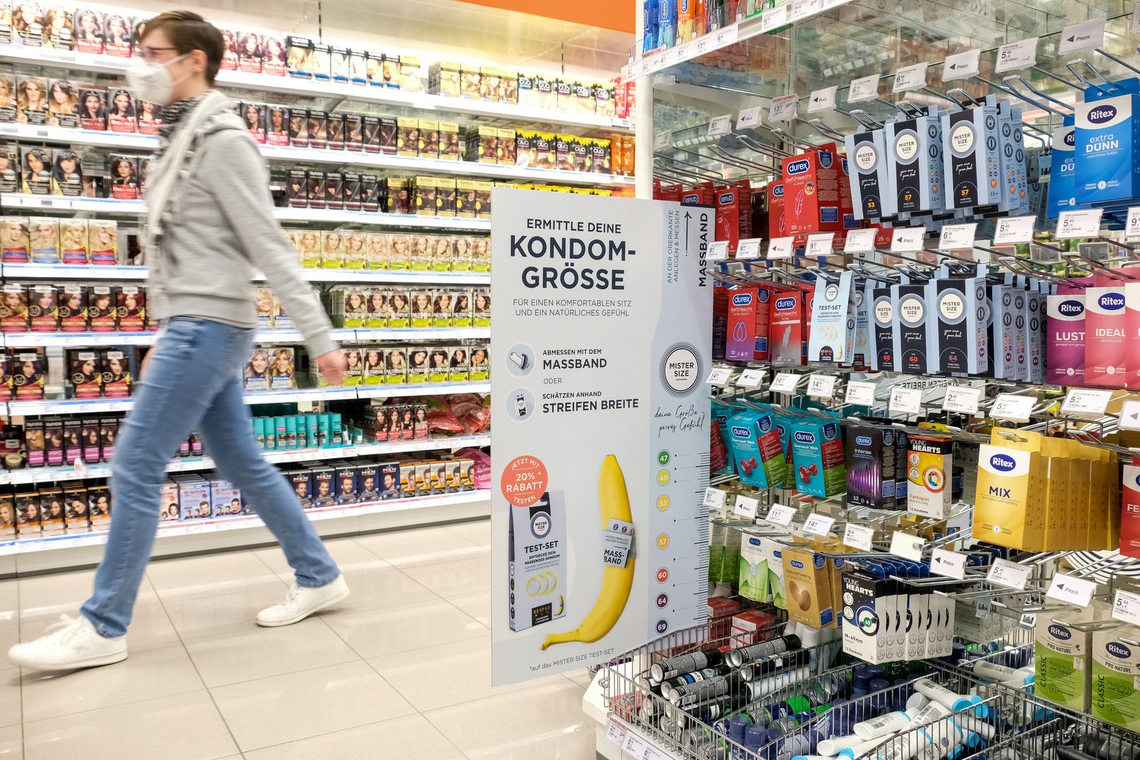 Mister Size condoms on the shelf of a Müller store