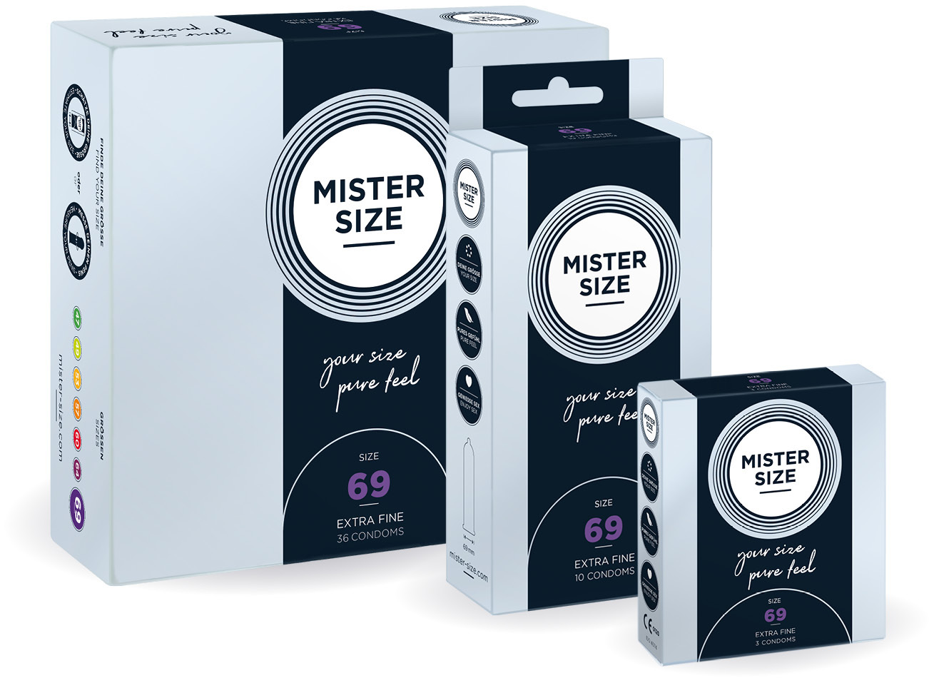 Mister Size condoms in 3 pack sizes